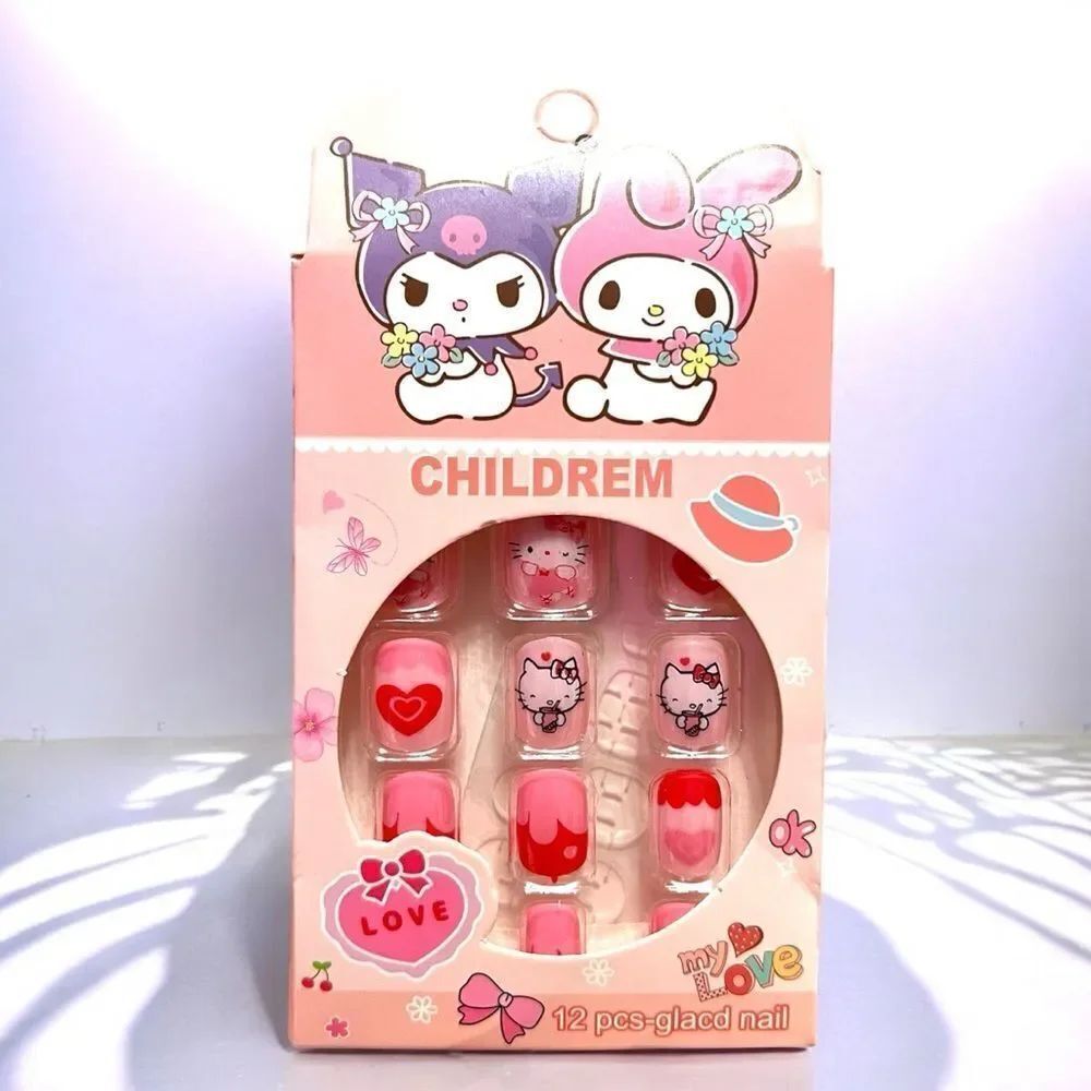 Hello Kitty Pink And Red Heart Press On Nails For Kids